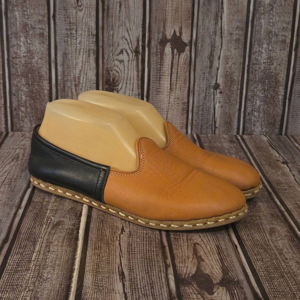 Sz 38/ 7 Sabah Camel/ Black Leather Slip On Handmade Turkey Loafers Shoes VGUC